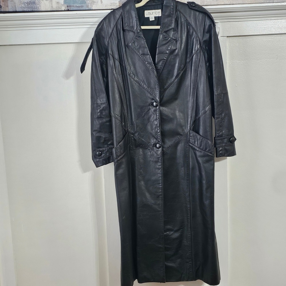 Vintage Laurice Woman Size M Black 100% Leather Trench Long Coat Fully